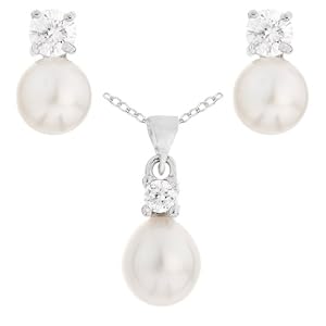 Jewellery Set with 0.925 Sterling Silver Pearl and Cubic Zirconia Pendant, Earring and Chain of 46cm