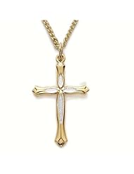 24K Gold Over .925 Sterling Silver Cross Pendant Necklace in a 2-Tone and Budded Ends Design Cross Pendant Necklaces Gold Gift Boxed.w/Chain Necklace 18" Length Gift Boxed.