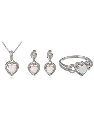 Sterling Silver Heart Created Opal and Diamond Ring Pendant Necklace and Earrings Box Set, Size 7