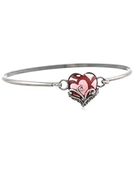 Sterling Silver Oxidized Marcasite and Gemstone Colored Glass Filigree Heart Bangle Bracelet, 7.25"
