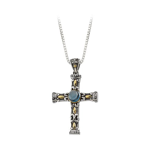 14K Yellow Gold and Sterling Silver 6 MM Blue Topaz Cabochon Pendant with Chain