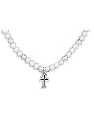 13"+2" Extension Cultured Freshwater Pearl/Silver Bead Necklace with Oxidized Heart
