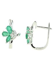 14K White Gold 1.02ct Triple Leaf Diamond & Green Emerald Huggie Post Earrings