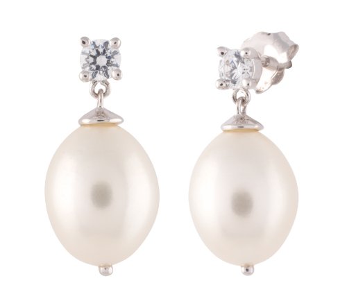 Sale 10k White Gold Oval Freshwater Cultured Pearl with Cubic Zirconia Accent Dangle Earrings