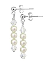 Fresh Water Pearl Clear AB Swarovski Crystal Silver Dangle Earrings 1" Long
