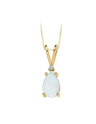14K Yellow Gold 0.02 ct. Diamond and 9 x 6 MM Pear Shaped Opal Cabochon Pendant with Chain