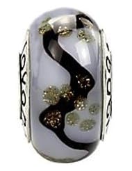 Murano Glass Opaque White with Black Zigzag and Gold Dots Charm on Sterling Silver , Fits Pandora, Jovana Bracelet