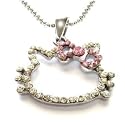 Trendy Outline Pink Bow Kitty Charm Necklace with Austrian Crystals Silver Tone