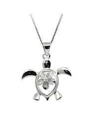 Sterling Silver Turtle Honu with Plumeria Necklace Pendant with Box Chain