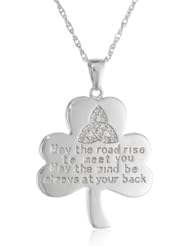 Sterling Silver Diamond Celtic Shamrock Pendant Necklace with Irish Quote, 18" (1/10 cttw, J-K Color, I2-I3 Clarity)