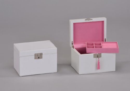 AMERIHOMESTORE LEATHER JEWELRY BOX CASE WITH LOCK - WHITE