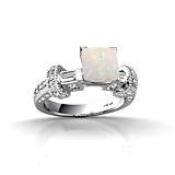14K White Gold Genuine Square Opal and Diamond Engagement Ring