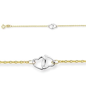 10 Inches 3 Double Hearts Adjustable Ankle Bracelet in 14k Yellow Gold by