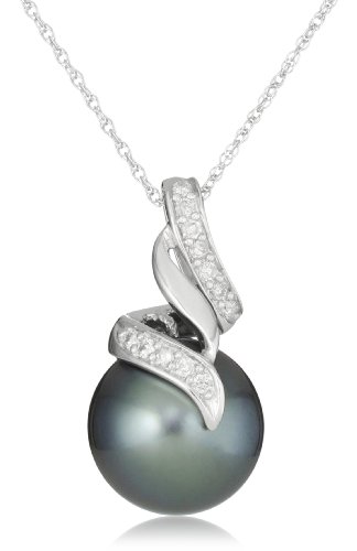10k White Gold Black Tahitian Cultured Pearl with Diamond Accent Pendant Necklace (1/10 cttw, H-I Color, I2-I3 Clarity), 17"