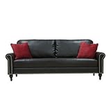 Handy Living JEF1-S30-DAB19 Jefferson Rolled Arm Renu Leather Sofa, Black With 2 Decorative Cherry Throw Pillows