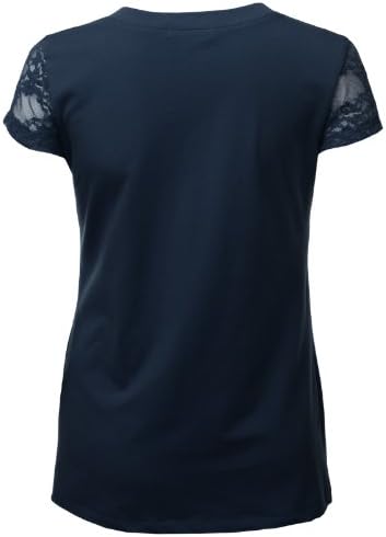 SJSP Plus Womens Basic Short Sleeve V-Neck Lace Detailed T-Shirt Big Size Darkblue XL