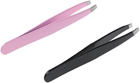 Stainless Steel Tweezers Slant Tip Shaping Set (Pink+black), Remove Unwanted Ingrown Hairs, Eyebrow Hairs and Facial Hairs
