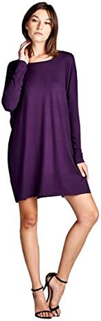 Normcoer Women's Basic Loose Fit Piko Dress Long Sleeve Round Neck (Medium/Large, PURPLE)
