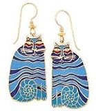 Clearly Charming Kaytie Blue Gold Shiny Finish Drop Earrings by Laurel Burch ( cat jewelry, kitten, kitty, feline, animal)