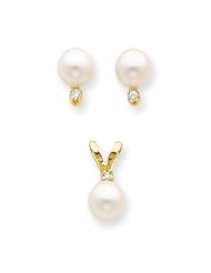 14k 0.03ct Gold 5-55mm SaltWater Cultured Pearl Diamond Earrings & Pendant Set