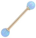 14G 3/8 Light Blue Opal Solid 14kt Yellow Gold Straight Barbell