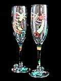 Chilies & Kokopelli Design - Hand Painted - Matching Set of Toasting Flutes - 6 oz.