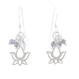 Lotus Flower Open Design Dangle Earrings in Sterling Silver with Beads of Iolite, #8179