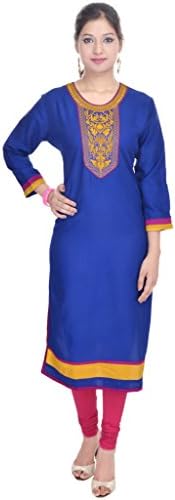 Shop Rajasthan Women's 3/4 Sleeve Solid Round Neck Tunic Top Cotton Kurti Medium Blue