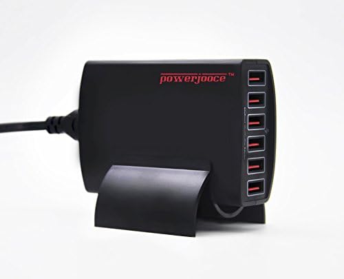 Powerjooce 60 Watt 6 Port High Output Multiple USB Travel Portable Smart Rapid Charger. Fast and Intelligent Identification Adapter with Auto Detect Technology - Free Bonus Unit Stand - with User's Manual, Two Years Warranty, 100% Satisfaction Guarantee or Your Money Back