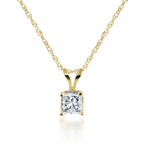 14k Yellow Gold, Princess-Cut, Diamond Classic 4-Prong Pendant (1/10 ct, J-K Color, I2-I3 Clarity)