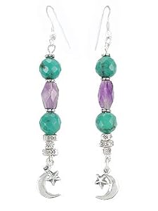 Crescent Moon and Star Dangle Earrings in Sterling Silver with Turquoise and Amethyst Gemstone Beads, #7940