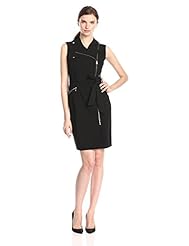 Notched Notched Collar Asymmetric Belted Sleeveless  Dress