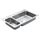 MOEN 22823 Excalibur 33-by-22-Inch 4-Hole Double Bowl Kitchen Sink, Satin