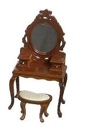Dollhouse Miniature Walnut Vanity with Vanity Stool