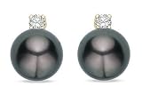 9-10mm Black Tahitian Pearl and 1/5 Carat Diamond 14K Yellow Gold Earrings