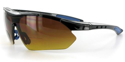 Daredevil Fashion Bifocal Sunglasses with Wrap-Around Sports Design and Anti-Glare Coating for Youthful and Active Men (Black+Blue w/ Amber +2.50)