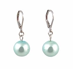 Earrings - E384 - Glass Pearl Drops (10 mm) hung on Silver Tone Leverbacks ~ Aqua Blue