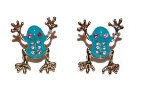 betsy johnson jewelery:New Blue & Gold Tone Hopping Frog Frogs Stud Earrings
