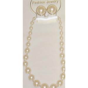 Genuine Gold Simulated Graduated Ivory Pearl Short Chain Necklace Earrings on Clips for Women and...