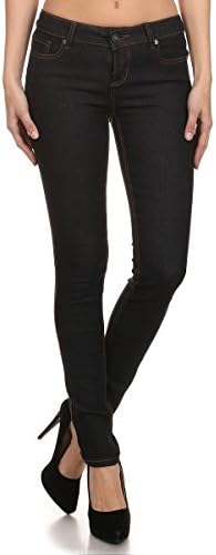 Enjean Women's Stretch Denim Skinny Jeans w/ Gold Stitching, Black &amp; Dark Wash (13, Black)