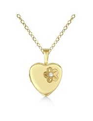 Yellow Gold Vermeil Heart-Shaped Flower Engraved 0.01ct Diamond Locket Pendant Necklace For Women