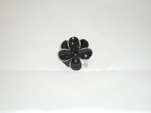 Ring Stretch Enamel Flower with 3 matching crystals BLACK
