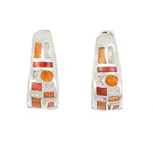 Southwestern Style Native American Hand Crafted Spiny Oyster Inlay and Sterling Silver Huggie Hoop Earrings, #7715
