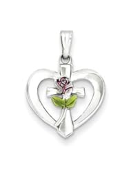 Polished Enameled Cross & Rose Heart Pendant-Sterling Silver Polished Enameled Cross & Rose Heart Pendant