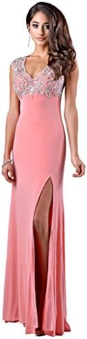 Newpeach Women's V-neckline Beaded Slit Gown Long Prom Dress 12 Pink