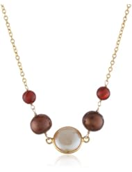 Carnelian Round Bead, Chocolate Potato Shape, Coin Shape Bezel Bead Freshwater Cultured Pearl with Gold over Silver Chain and Clasp Necklace, 38"