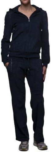 Women's Velour Jogging Hooded Rhinestone Jacket & String Pants Navy Large