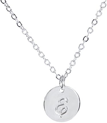 BR Small Script Initial Necklace Silver Initial Disc Necklaces Alphabet Jewelry (Silver E)