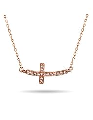 Rose Gold Curved CZ Sideways Cross Necklace