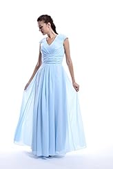 A-line V-neck Natural   Waistline Cap Sleeves Ruched Lace Floor Length Chiffon Bridesmaid Dress 
